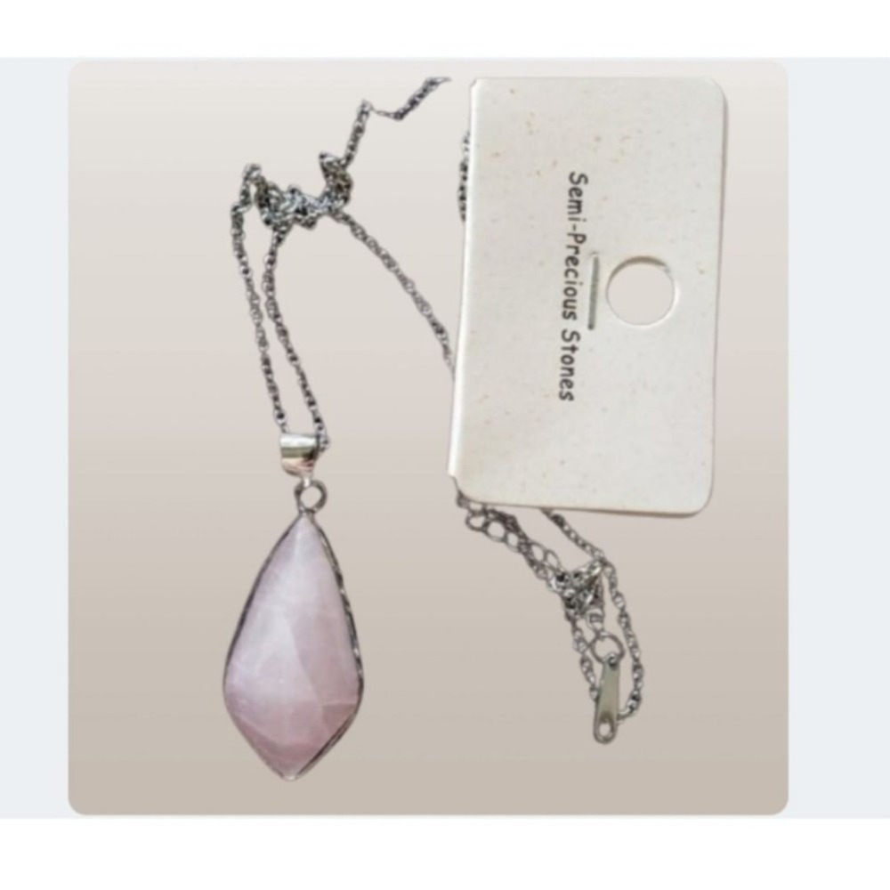 Rose Quartz Stone Teardrop Pendant Necklace - 18 inch SS‎ Chain 1 1/8 inches NWT